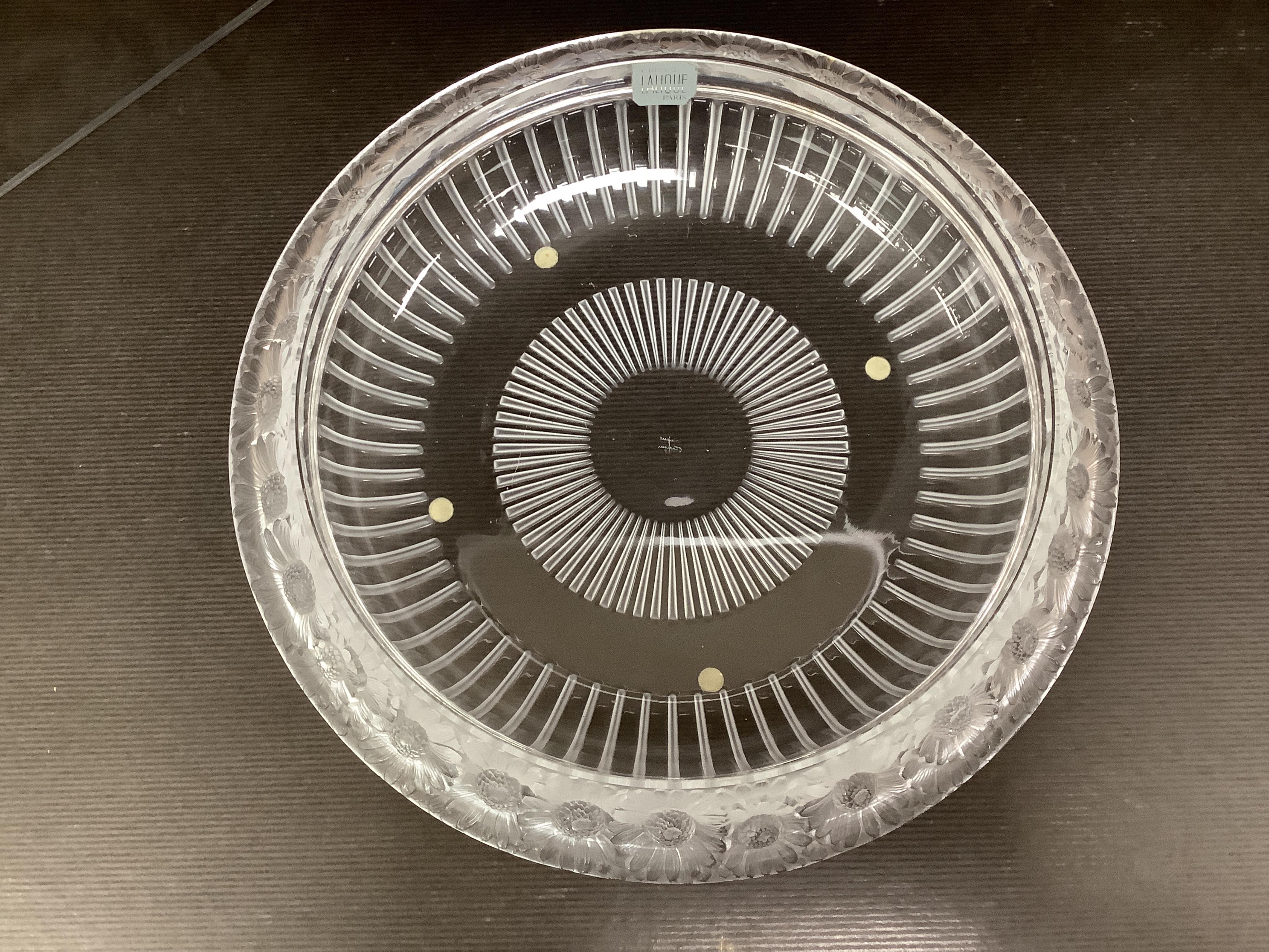 A Lalique ‘Marguerites’ shallow glass bowl, signed to the base, 33cm in diameter